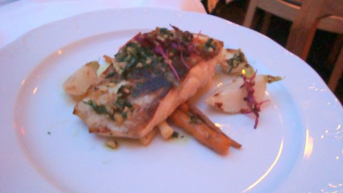 Grilled Wild Striped Bass with Charred Carrots, Turnips, Baby Leeks and Parsley- Walnut Gremolata