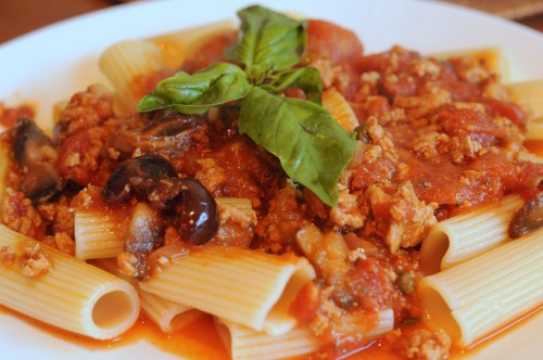 Dinner tonight: Rigatoni and lean turkey meat sauce, mushrooms, capers and olives. Mangia!